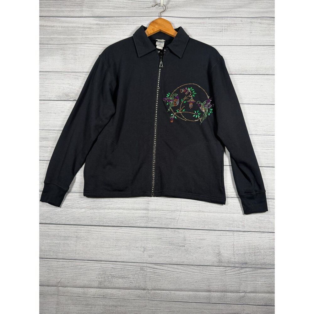 Isaac's Designs Womens M Black Rhinestone Hummingbird Zip Sweatshirt 4169